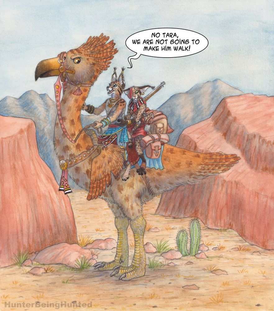Two anthro cats (caracal like cats) on the back of a giant bird mount with a saddle and lot of bags on her back as well. The scenery is a desert with red rocks. The other cat is telling the bird that they won't be making the other cat walk and the bird is eyeing the cats disapprovingly. 