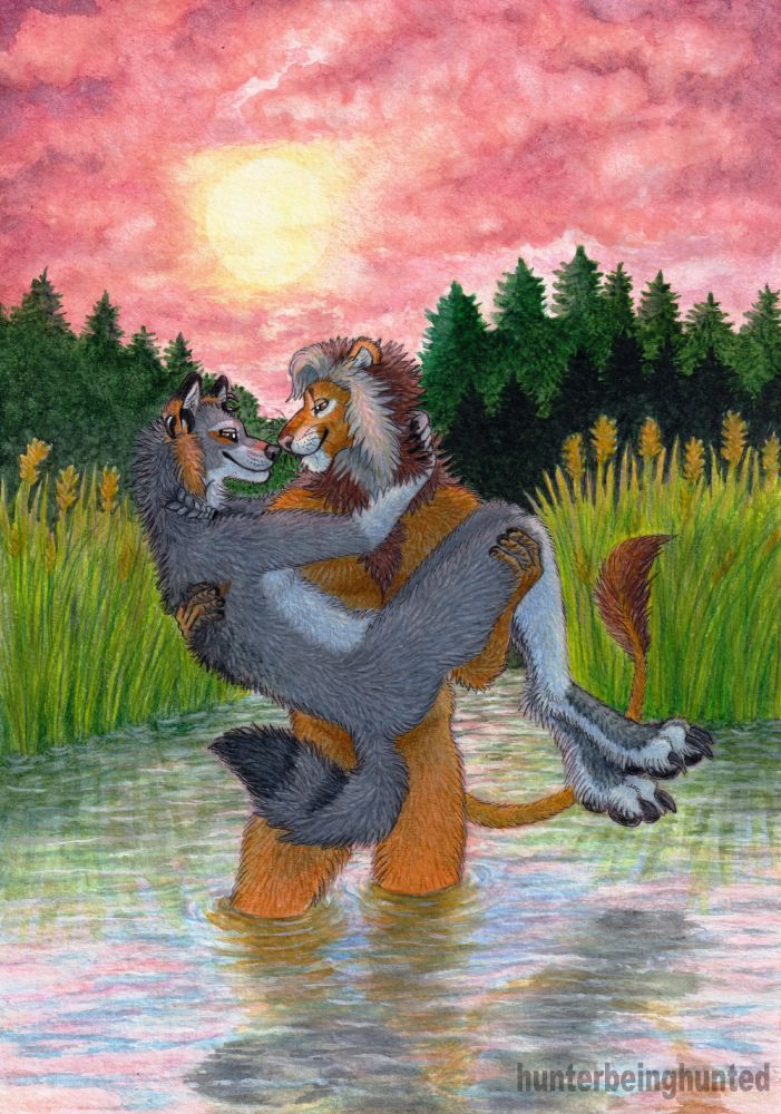Anthro male lion holding anthro male wolf in his arms bride style while standing in the water at a shoreline during sunset. The lion is looking lovingly at the eyes of his boyfriend and smiling. Both are naked but nothing scandalous is visible due to tactical placement of tails.
