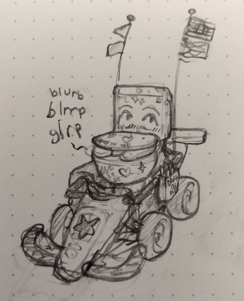 a toilet is driving a little electric cart made to look like a little open-wheel racecar. it's got a couple flags on the back of the cart, one side for visibility and one side with indeterminate pride flags. the toilet is covered in dry-erase marker doodles, with a little basket of the markers hanging on the side of the cart, the basket says "draw on me"!