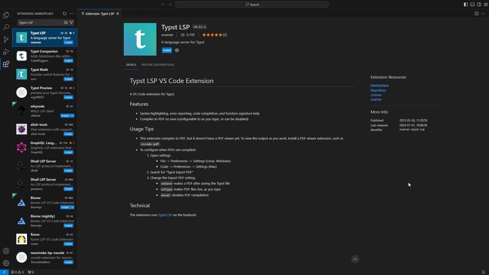 Search result of the Typst LSP extension on VS Code.