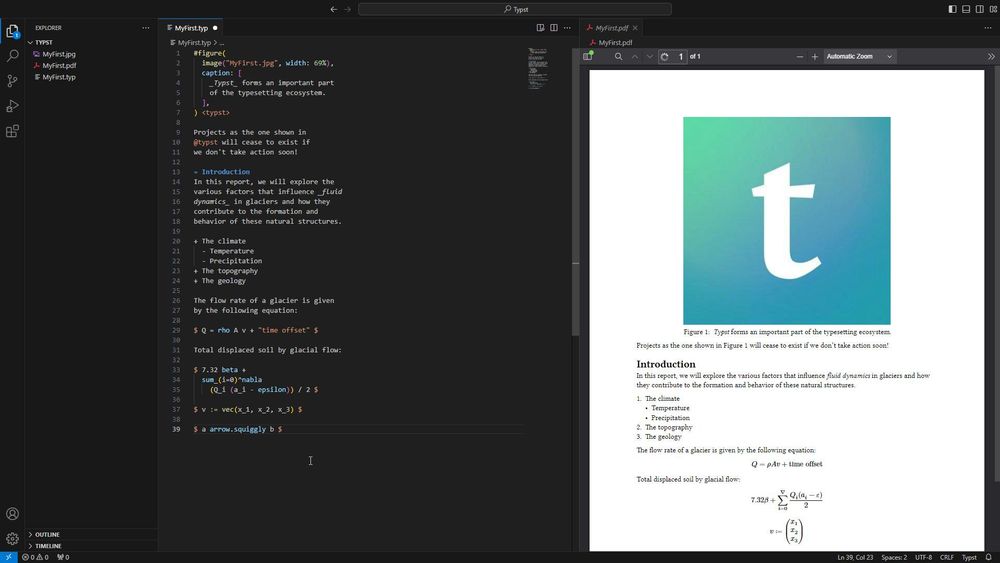 Typst source and the corresponding PDF output side-by-side on VS Code.