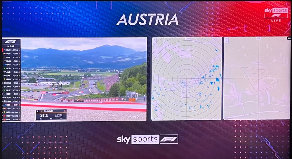 Photograph of a TV screen showing Alex Dunne on track at the Red Bull Ring circuit. The timing information shows him in fourth place. 