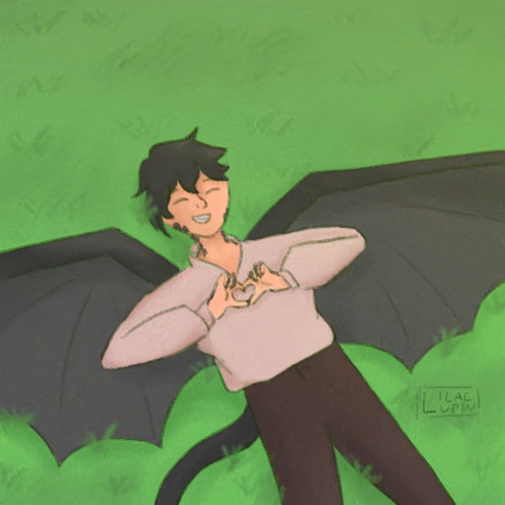 A digital drawing of a white teenage boy with short black hair lying on his back on the grass. Black scales are visible on the sides of his face and neck and the back of his hands, as well as black dragon wings and a reptile tail. He wears a loose white shirt tucked into dark brown pants. He is smiling with his eyes closed, and his hands form a heart.