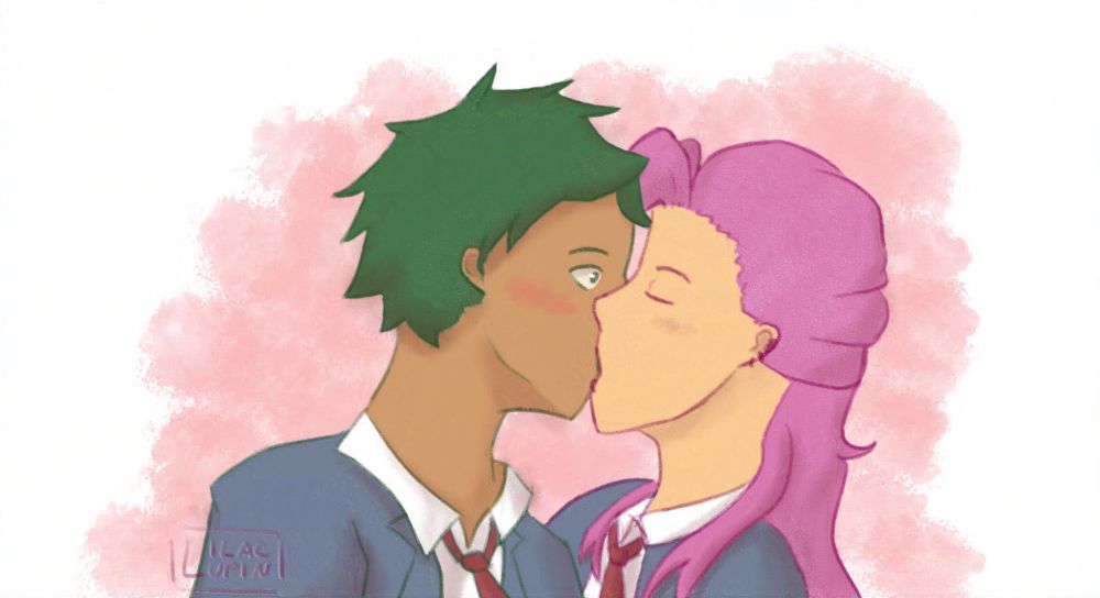 A digital drawing of two characters kissing. On the left is Joe/Kojiro, a tan man with green hair. Cherry/Kaoru on the right has paler skin, long, pink hair and piercings in his ear and lip. Both are wearing blue school uniforms with red ties.