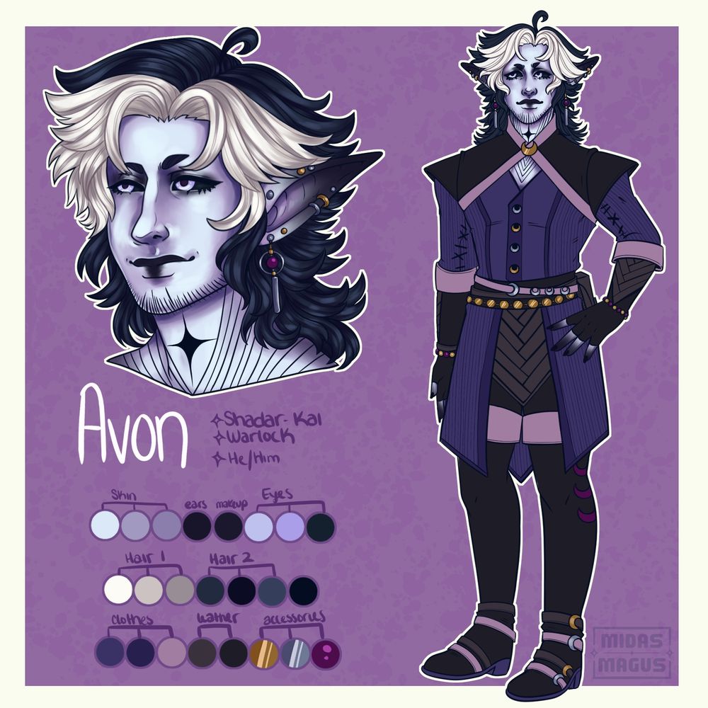 Reference sheet for Avon, a Shadar-Kai Warlock 
He has pale purple hued skin and black and white split hair styled in a wolf cut. Hes clad in dark purple and black cloth and leather. 