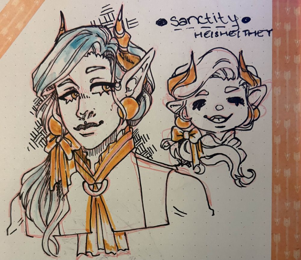 A sketch with ballpoint pens and highlighters. 
It is a bust sketch of Sanctity, a demon like character (Tiefling) with pale blue hair and orange horns. Their hair is styled into a side pony tail. They have long pointy ears and are wearing large orange circular earings. 
Sanctity is looking sheepishly slightly to the side.
Beside the bust is a chibi sketch of the same character.