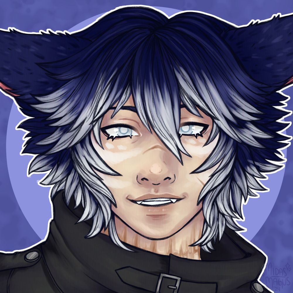 A portrait of Aether, Aether Art Works Final Fantasy 14 original character. 

She has a soft smile as she looks at the camera. Her eyes are a pale-almost-white blue color. Her skin is pale, causing her small scars on the bridge of her nose and her cheek to pop. She's wearing a black jacket with a large collar, peeking behind it is another scar across he neck. 

Her hair is a dark blue with white tips, and she wears in in a short but fluffy style. She has slightly larger than average miqote's ears - which are feline like. 