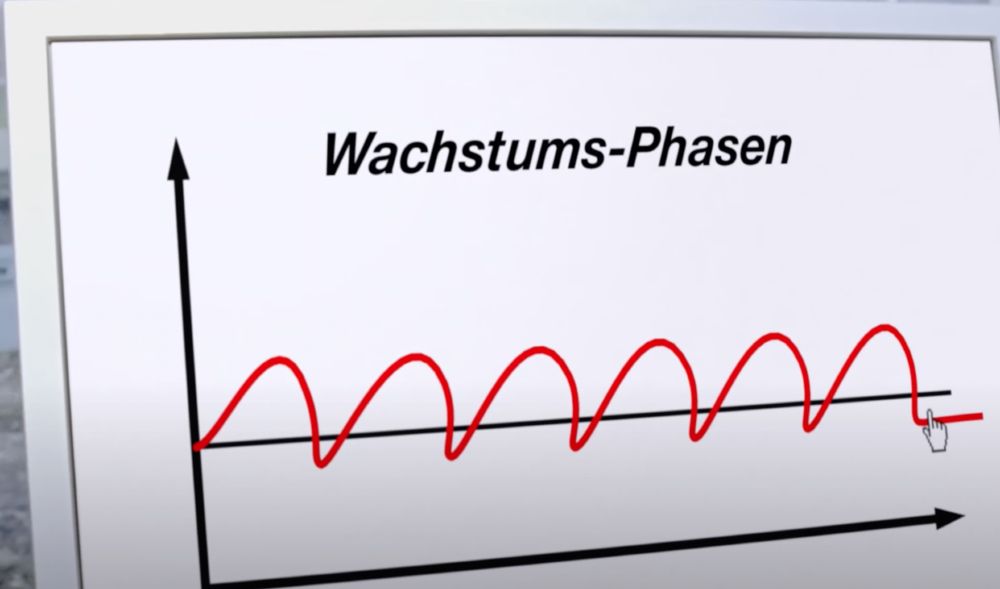 auf seinem Bildschirm sind in einem Graphen Wachstumsphasen abgebildet. Es gibt keine Beschriftung der x oder y-Achse sondern einfach nur eine Rote Linie, die im immergleichen Muster auf und ab geht. Rechts ist ein Mauszeiger, den der "Doktor" soeben genutzt hat, die Linie im Graphen zu verändern.