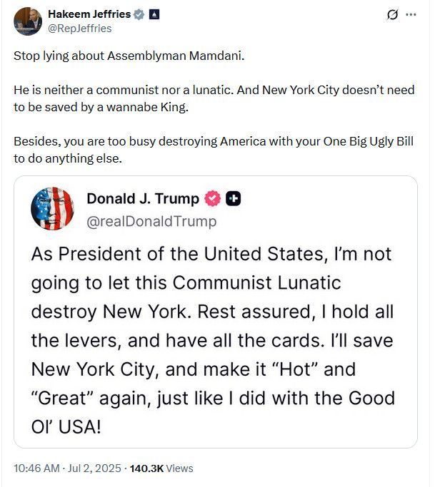 Hakeem Jeffries responding to Trump anti-Mamdani post