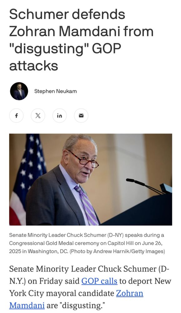 Axios story on Schumer condemning “disgusting” anti-Mamdani attacks.
