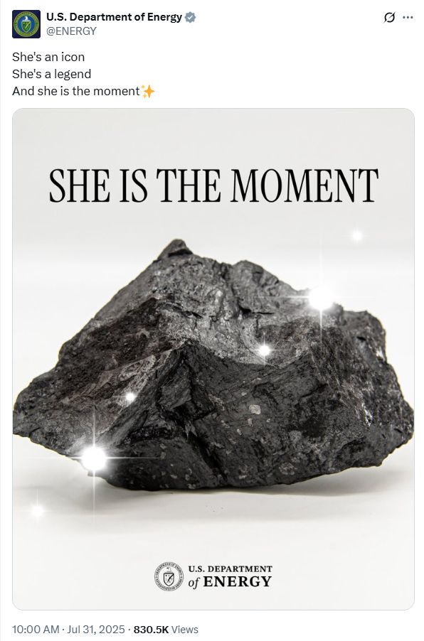 US Department of Energy post describes coal: "She's an icon, she's a legend and she is the moment"