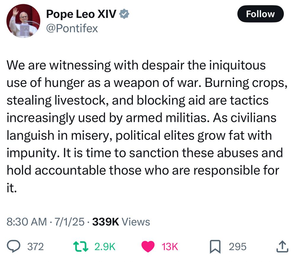 We are witnessing with despair the iniquitous use of hunger as a weapon of war. Burning crops, stealing livestock, and blocking aid are tactics increasingly used by armed militias. As civilians languish in misery, political elites grow fat with impunity. It is time to sanction these abuses and hold accountable those who are responsible for it.