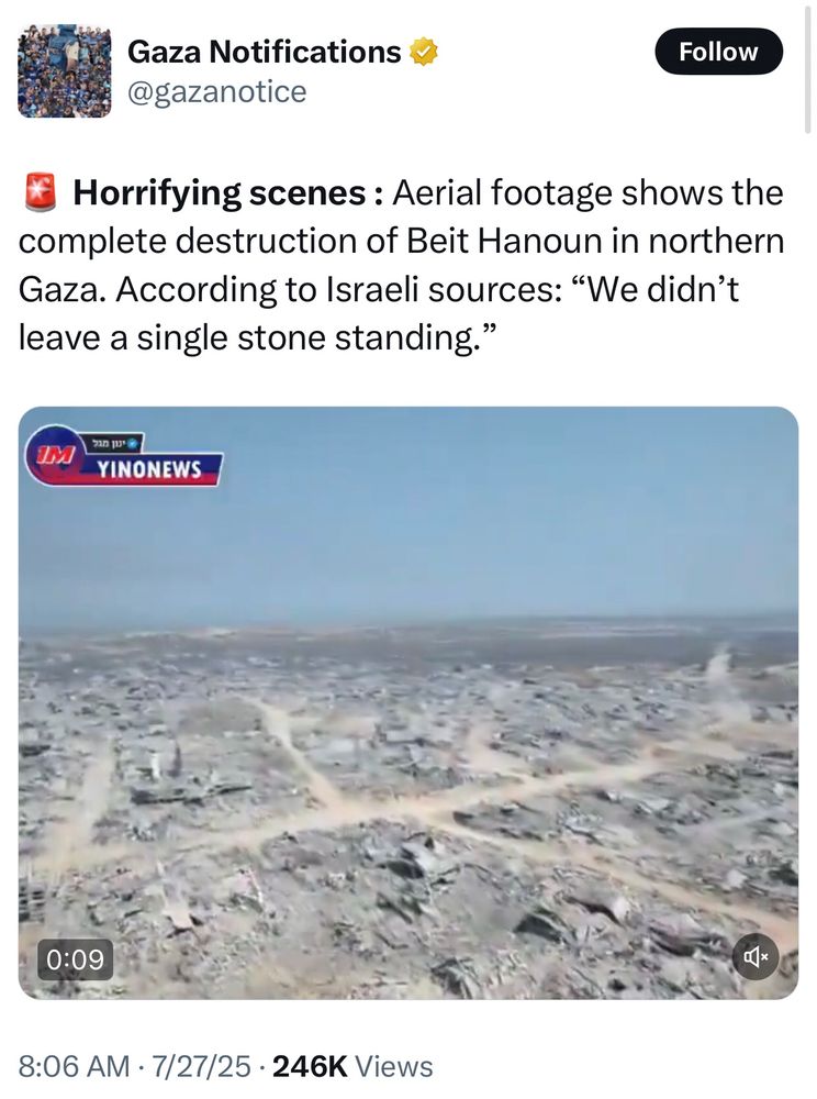 🚨 Horrifying scenes : Aerial footage shows the complete destruction of Beit Hanoun in northern Gaza. According to Israeli sources: “We didn’t leave a single stone standing.”