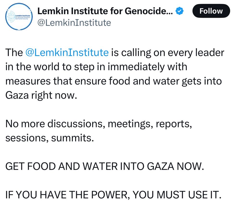 The @LemkinInstitute is calling on every leader in the world to step in immediately with measures that ensure food and water gets into Gaza right now. 

No more discussions, meetings, reports, sessions, summits. 

GET FOOD AND WATER INTO GAZA NOW. 

IF YOU HAVE THE POWER, YOU MUST USE IT.