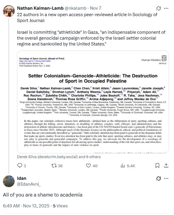 In response to the post of the Athleticide journal article, a troll named Idan Avni posted (and then blocked me):

All of you are a shame to academia