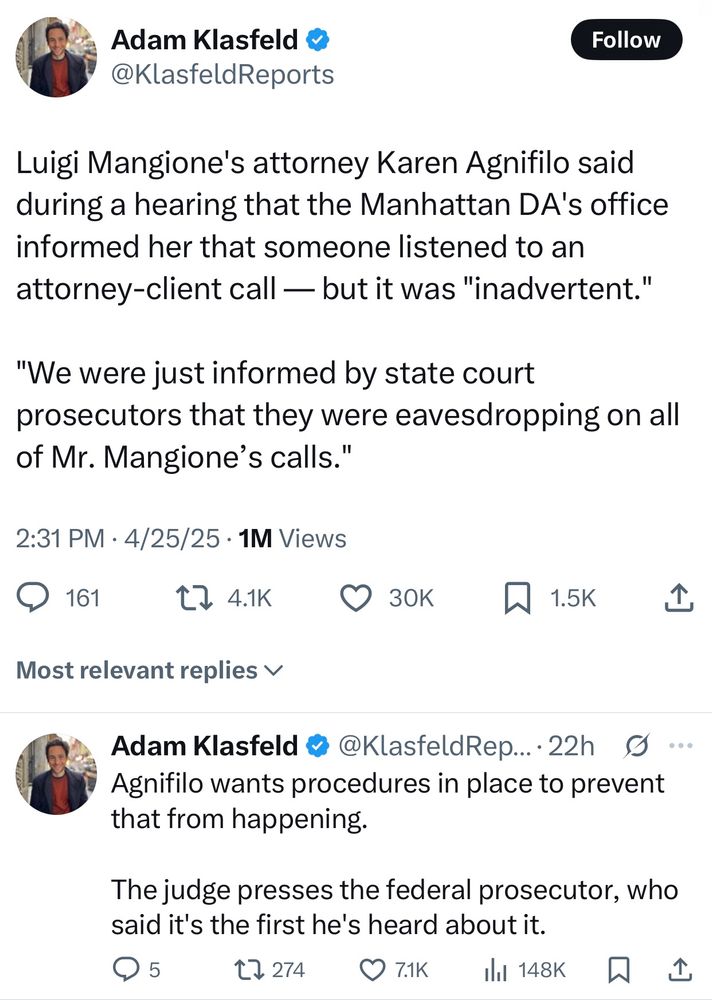 Luigi Mangione's attorney Karen Agnifilo said during a hearing that the Manhattan DA's office informed her that someone listened to an attorney-client call — but it was "inadvertent."

"We were just informed by state court prosecutors that they were eavesdropping on all of Mr. Mangione’s calls."