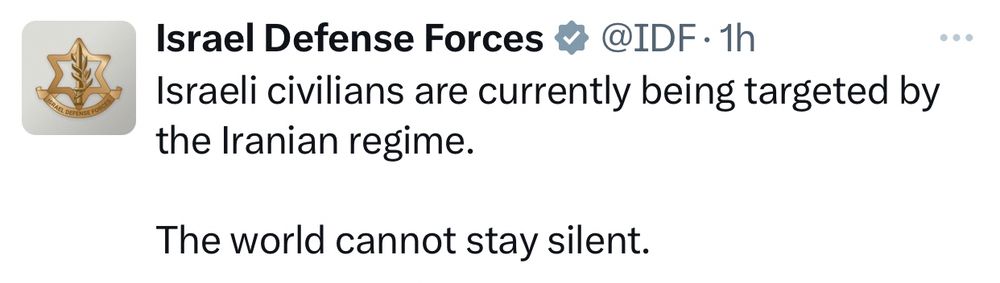 IDF:

Israeli civilians are currently being targeted by the Iranian regime. 

The world cannot stay silent.