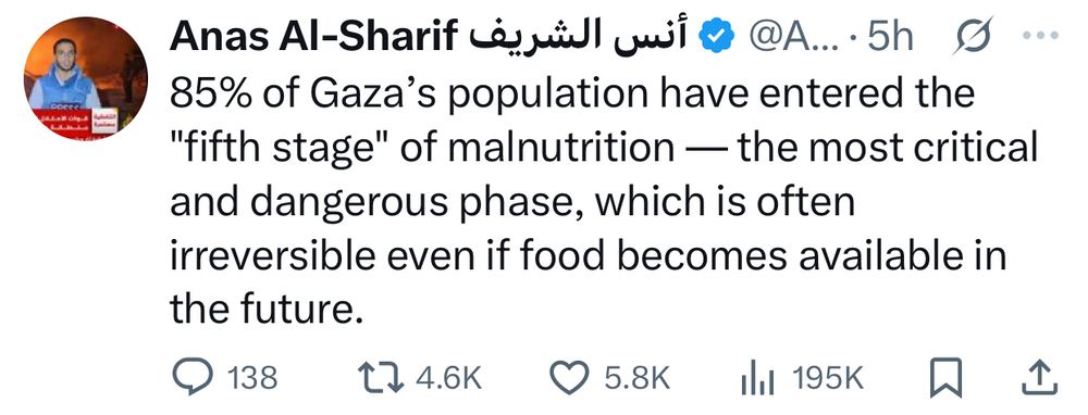 85% of Gaza’s population have entered the "fifth stage" of malnutrition — the most critical and dangerous phase, which is often irreversible even if food becomes available in the future.