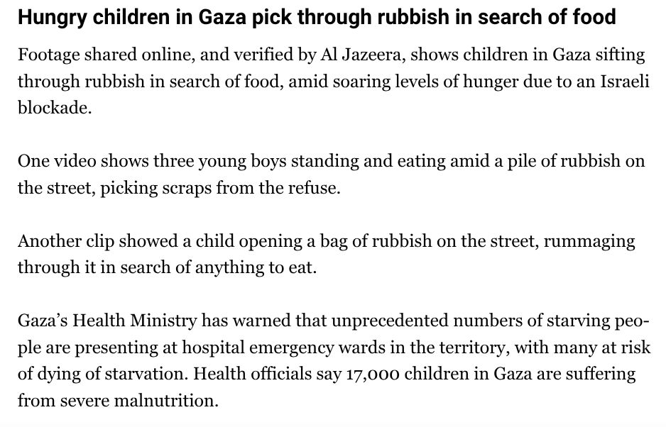 Hungry children in Gaza pick through rubbish in search of food
Footage shared online, and verified by Al Jazeera, shows children in Gaza sifting through rubbish in search of food, amid soaring levels of hunger due to an Israeli blockade.

One video shows three young boys standing and eating amid a pile of rubbish on the street, picking scraps from the refuse.

Another clip showed a child opening a bag of rubbish on the street, rummaging through it in search of anything to eat.

Gaza’s Health Ministry has warned that unprecedented numbers of starving people are presenting at hospital emergency wards in the territory, with many at risk of dying of starvation. Health officials say 17,000 children in Gaza are suffering from severe malnutrition.