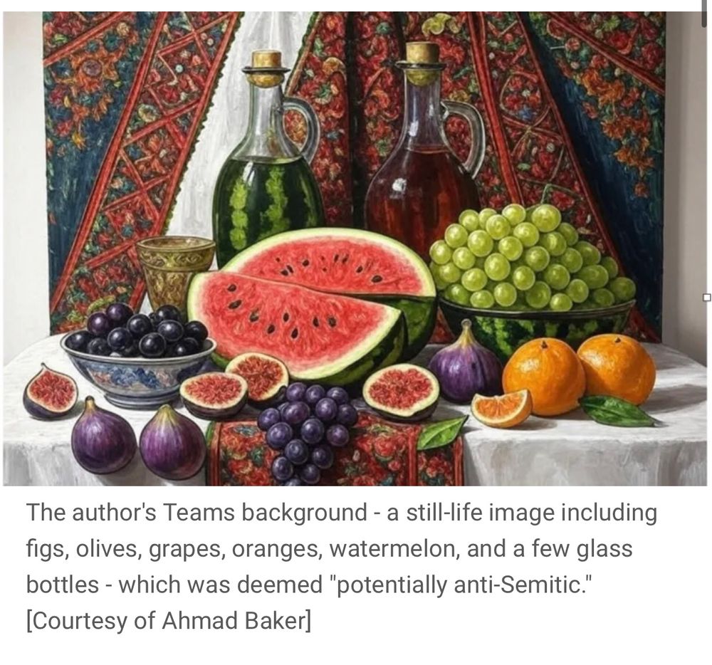 The author's Teams background - a still-life image including figs, olives, grapes, oranges, watermelon, and a few glass bottles - which was deemed "potentially anti-Semitic." [Courtesy of Ahmad Baker]