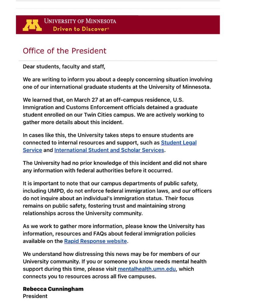 Letter from the University President indicating that a grad student has been detained by ICE. No more specific information is provided.