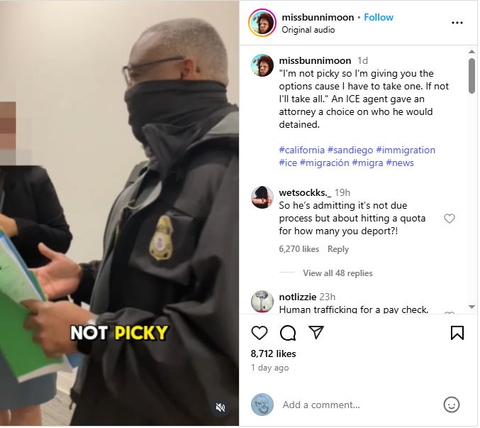 On Instagram, a pictured ICE agent says he is "not picky" about who he deports.