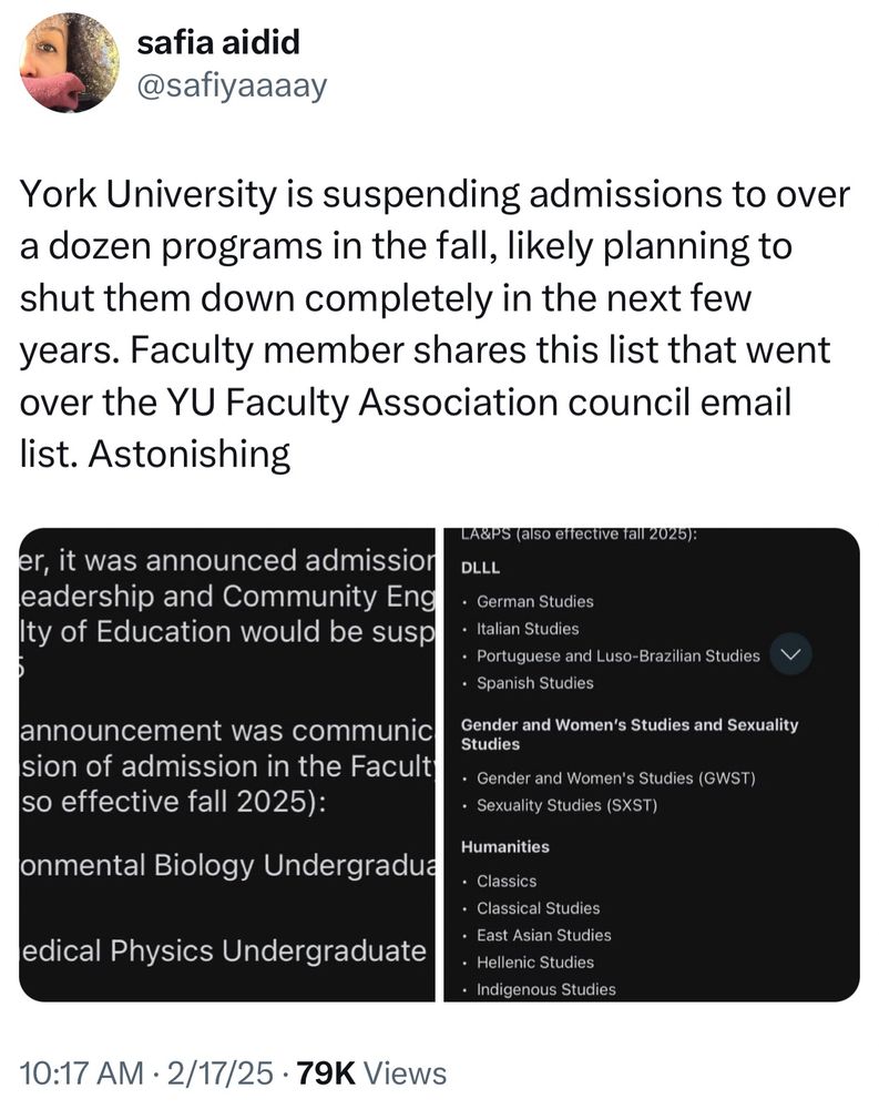 York University is suspending admissions to over a dozen programs in the fall, likely planning to shut them down completely in the next few years. Faculty member shares this list that went over the YU Faculty Association council email list. Astonishing