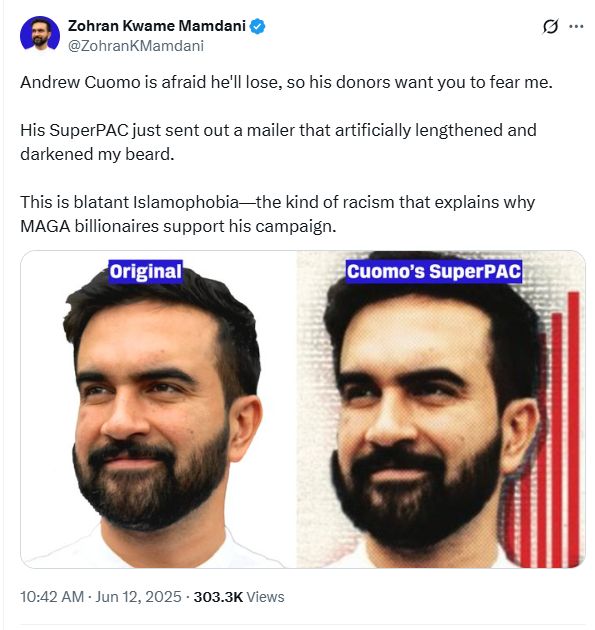 Andrew Cuomo is afraid he'll lose, so his donors want you to fear me.

His SuperPAC just sent out a mailer that artificially lengthened and darkened my beard.

This is blatant Islamophobia—the kind of racism that explains why MAGA billionaires support his campaign.