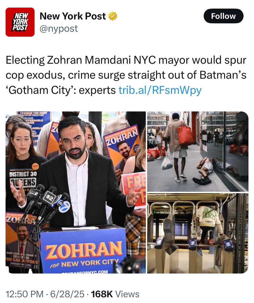 Electing Zohran Mamdani NYC mayor would spur cop exodus, crime surge straight out of Batman’s ‘Gotham City’: experts trib.al/RFsmWpy