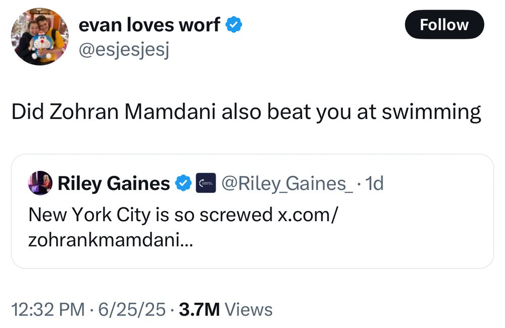 Riley Gaines: NYC is so screwed

Qt: Did Zohran Mamdani also beat you at swimming
