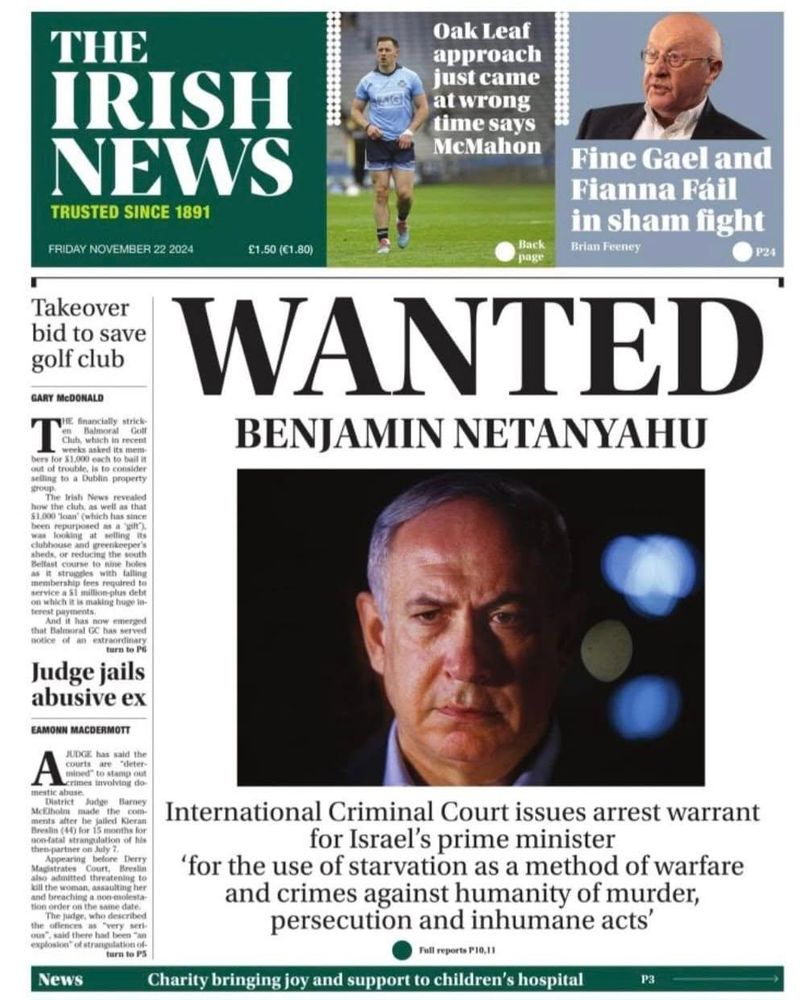 Cover of Irish News with the headline: “Wanted: Benjamin Netanyahu”