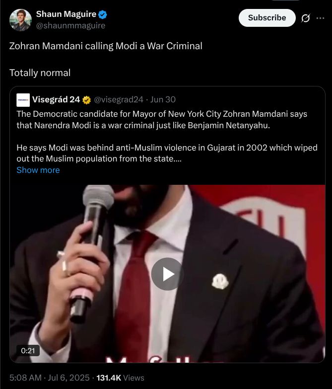 Zohran Mamdani calling Modi a War Criminal

Totally normal