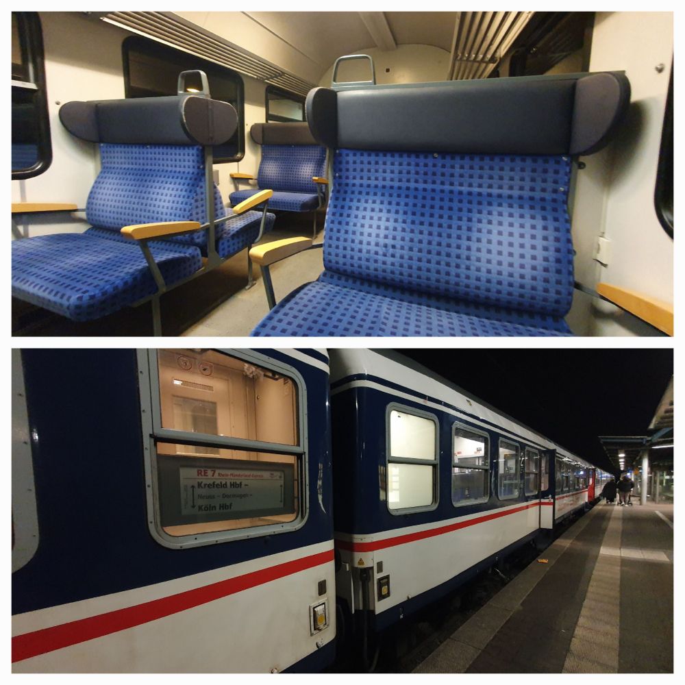 Zwei Bilder eines veralteten Regionalexpresses, einmal innen, einmal außen.