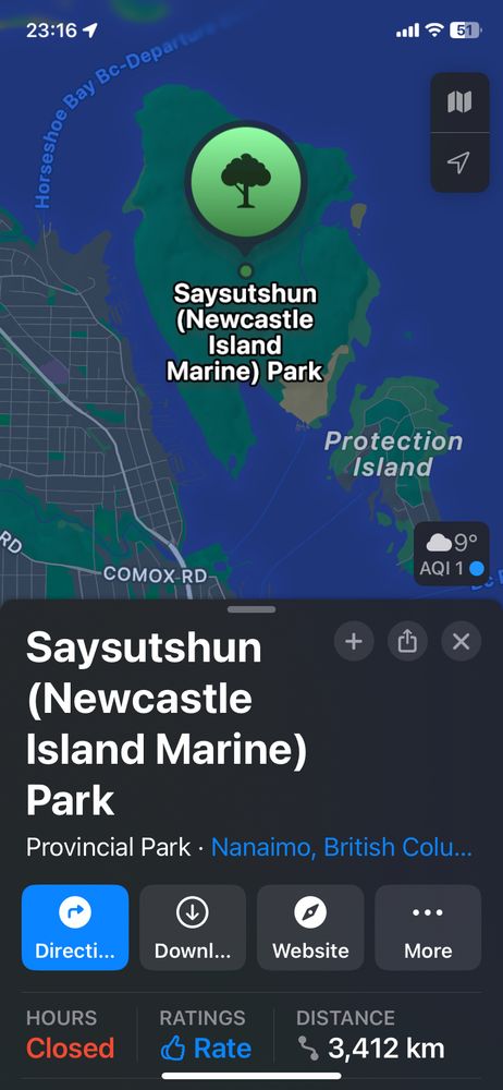 Screenshot from Apple maps showing the Saysutshun Newcastle Island marine park listed as a provincial park. 