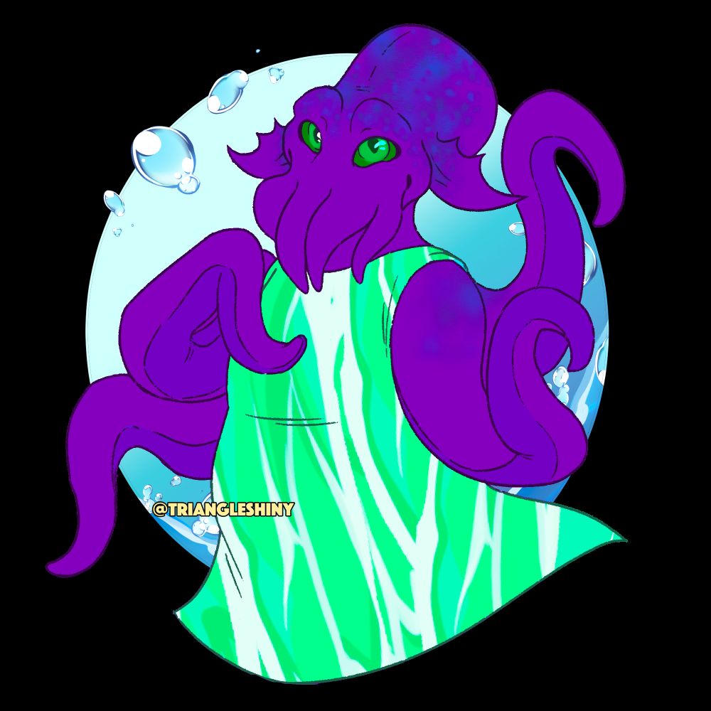 a purple anthropomorphic octopus in a green dress, posing in front of a blue circle with a water design.