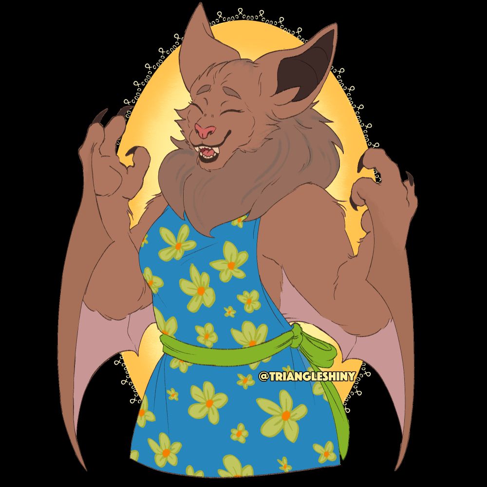 a smiling anthro brown bat in a floral dress, posing in front of a gold oval with a lace pattern on the outer edge.