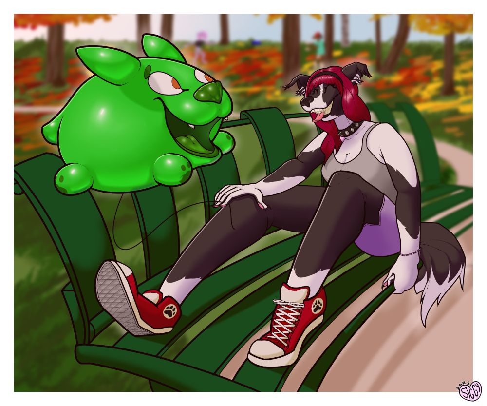 Two friends in the park laughing with each other, one a giant green balloon corgi, the other a black and white collie dog laying on a bench in jogging attire with red hair and red sketcher shoes. The background is fuzzy but you can see two others playing frisbee with each other. 