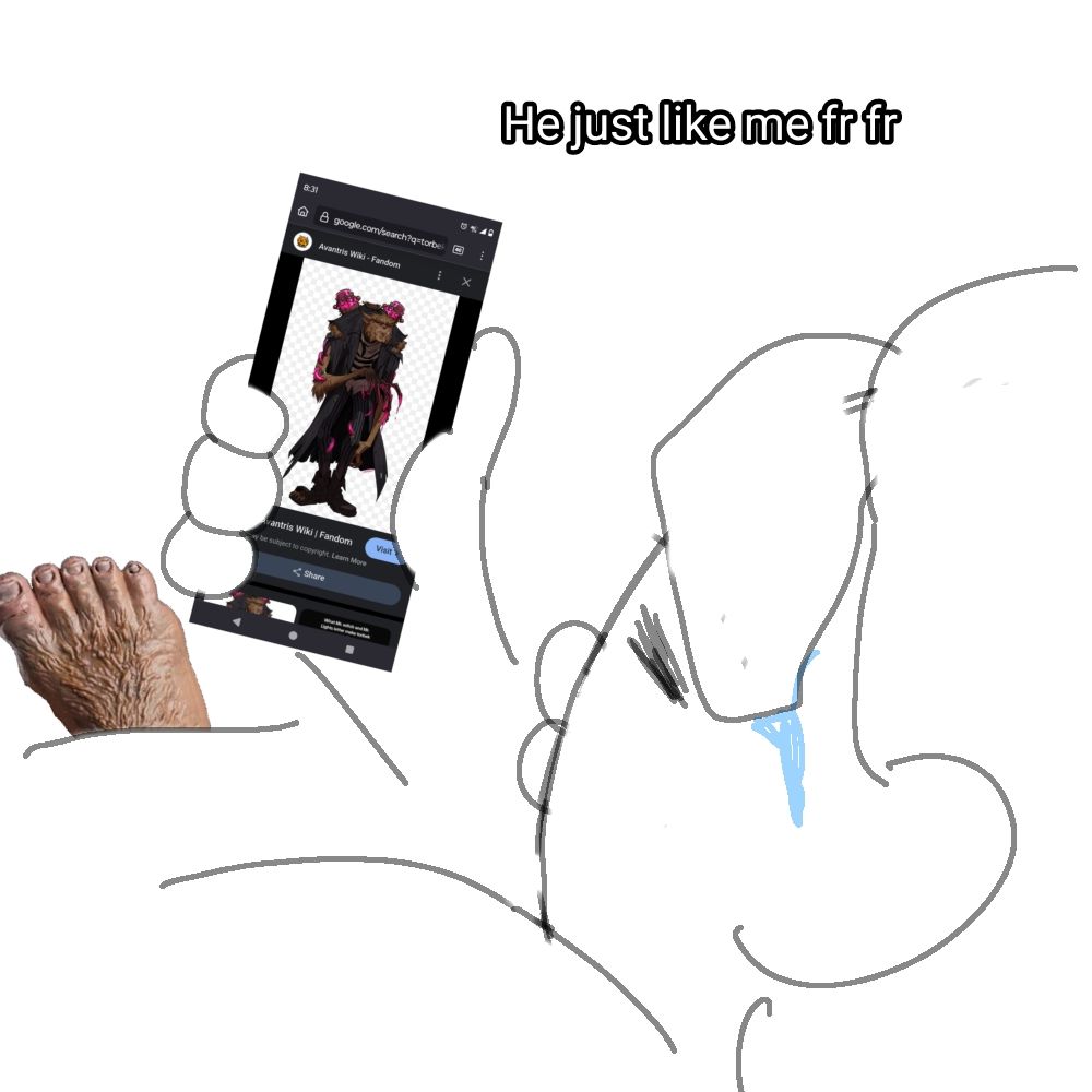 A tired cartoon person with a leaking wet cloth on their head. They're under a blanket and have hyper realistic hairy hobbit feet poking out. They're looking at their phone with a tired squint, which has a Google image result of Torbek from The Legend Of Avantris on it.
The text "He just like me fr fr" is seen above the image