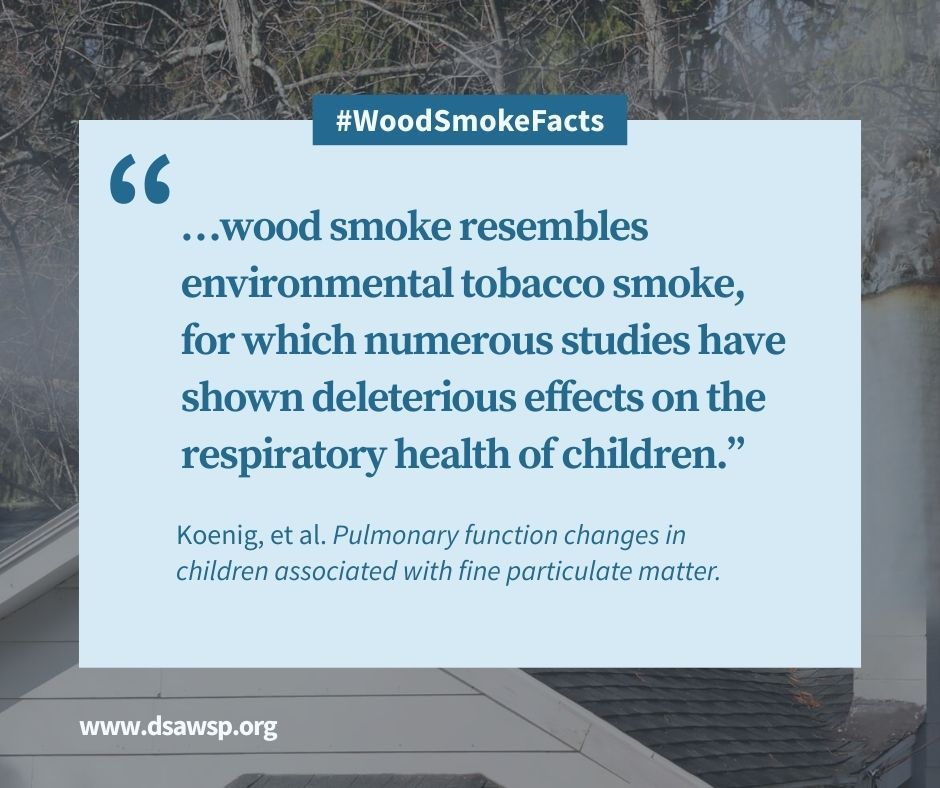 A quote that says "wood smoke resembles environmental tobacco smoke, for which numerous studies have shown deleterious effects on the respiratory health of children." Koenig, et al. Pulmonary function changes in children associated with fine particulate matter