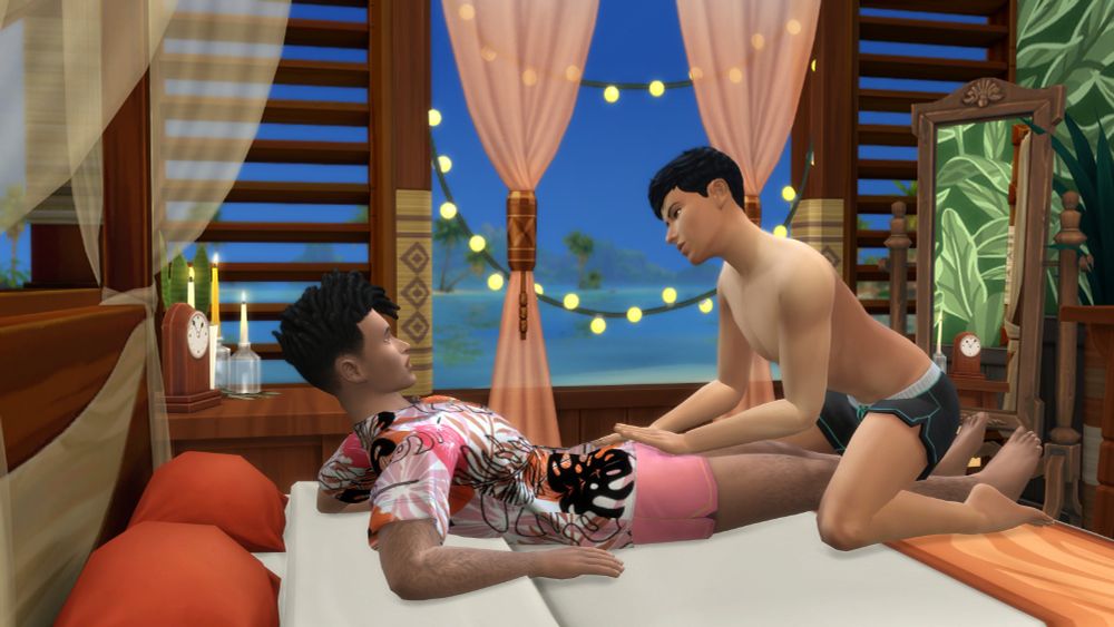 Two Sims in a tropical room overlooking the ocean. One is on top of the other, teasing his dick through his shorts.