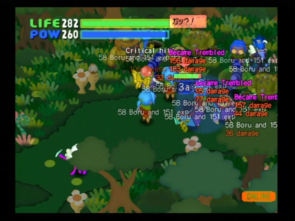 Screenshot from the game Homeland (GameCube, 2005) showing several mascot characters fighting monsters in a forest. The characters are barely visible under various pop up phrases like "Critical hit!" "95 damage" "Became trembled" etc.