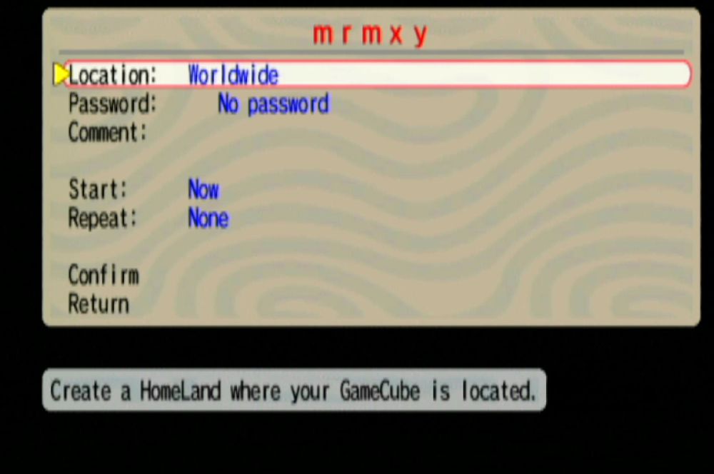 Homeland server settings page for a server called "mrmxy", showing options for Location ("Worldwide"), Password, Comment, Start ("Now"), Repeat ("None"), Confirm and Return. The "Location" option is selected, and the bottom of the page, a help message says: "Create a HomeLand where your GameCube is located."