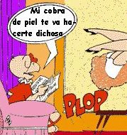 Condorito saying "Mi cobra de piel va hacerte dichosa" as Yayita falls backwards with a "PLOP"