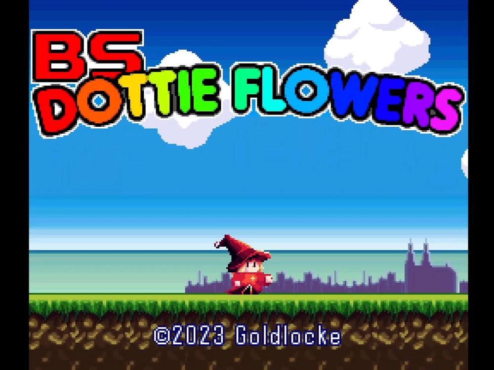 Title screen for the Super Nintendo homebrew game BS Dottie Flowers, showing a short witch character walking on the grass in front of a blue sky with clouds with the words "©2023 Goldlocke" on the bottom of the screen.