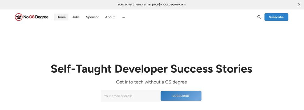 Website header with announcement bar offering adverts for sale 
