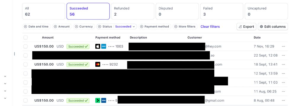 Stripe dashboard showing orders for $150 