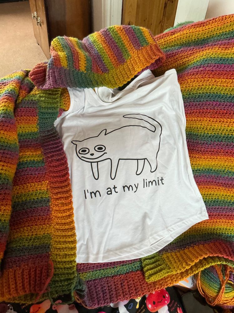 A photo of a white racerback top with a poorly drawn cat and the phrase “I’m at my limit” on the front. It is resting on top of a rainbow-striped crocheted cardigan that I’ve made. They look great together. 