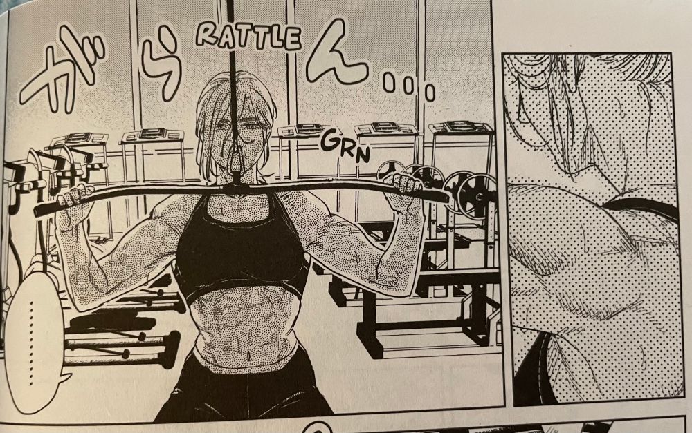 Panels from sono.N’s manga SHWD showing one of the leads going through another part of her daily workout routine. There are a lot of well-defined arm muscles and abs going on.