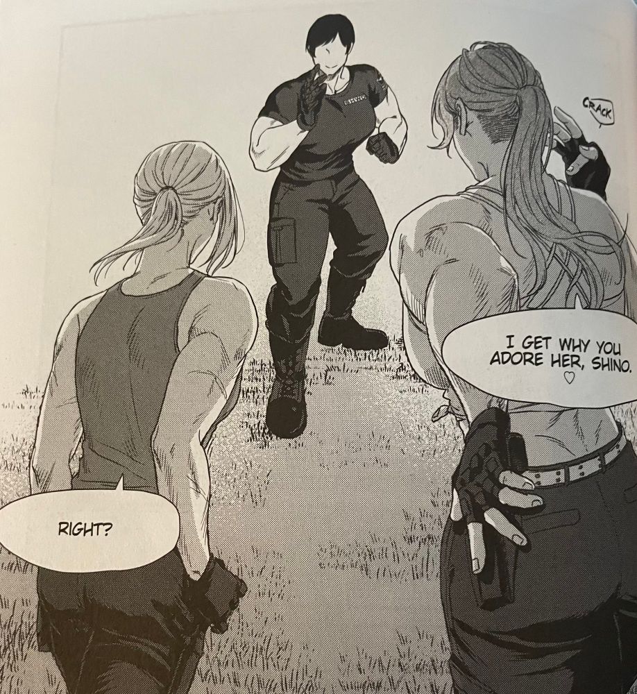A panel from sono.N’s manga SHWD showing three of the main characters getting ready to spar for work training. There are a lot of muscles on display but especially back and arm muscles.