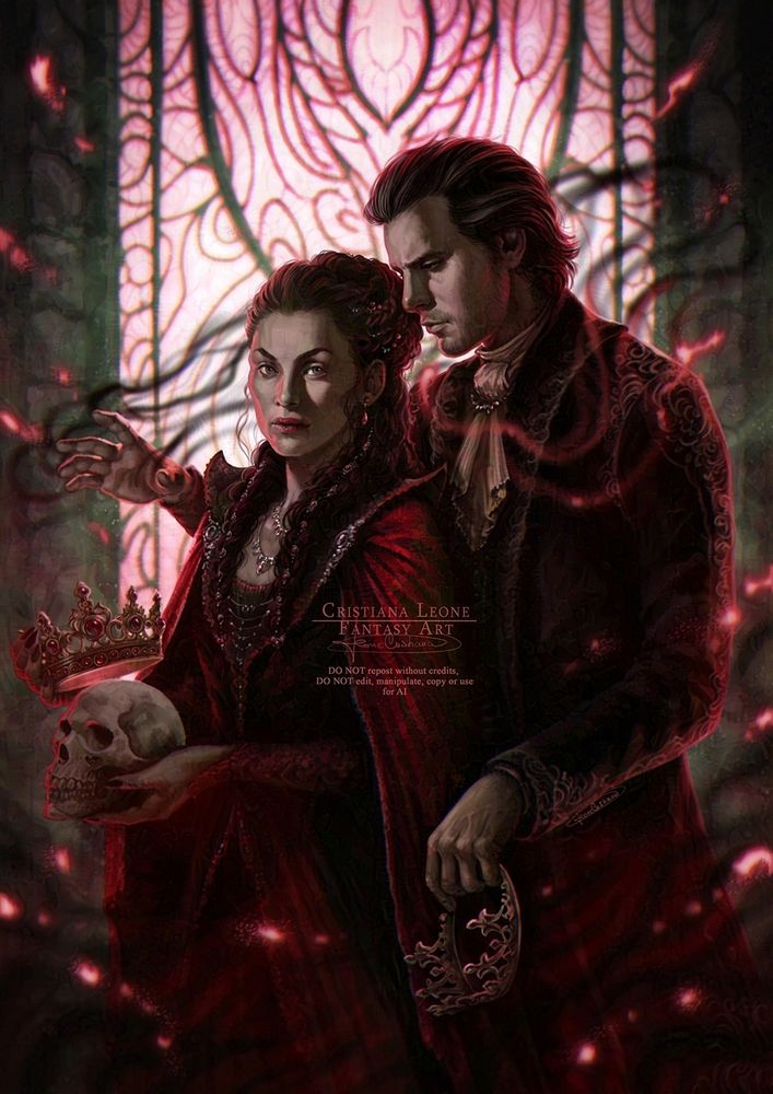 DARK LORDS - Digital painting of a couple, half body, backlighting in front of a stained glass window. They are dressed in opulent, 18th-century, gothic clothing. The woman's dress is red and she is holding a skull and a crown. The woman looks toward the viewer with an intense and proud gaze. He, behind her, is watching her with a vaguely threatening attitude; he has one hand raised as if to take the crown she is holding, while in the other he holds a tiara. A black, ominous smoke flows from his fingers.